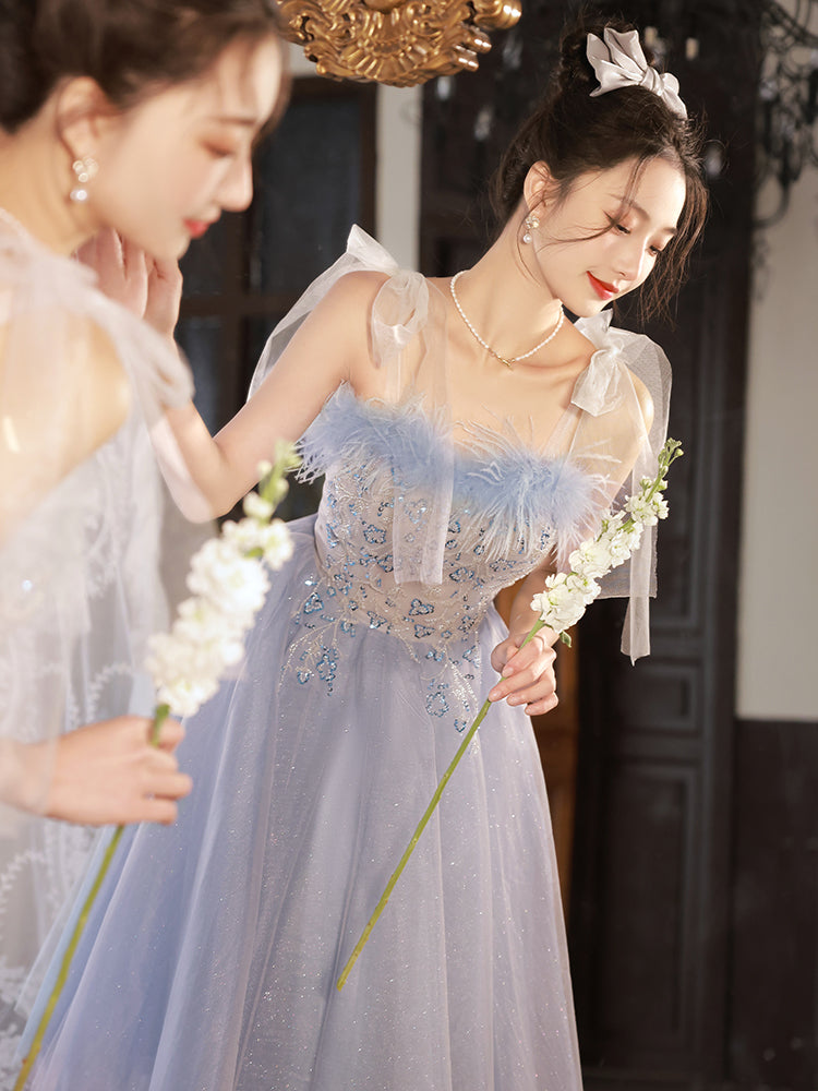 Enchanting Blue and Beige Floral Embroidered Tulle Ball Gown with Feather Trim - Harmony Gallery