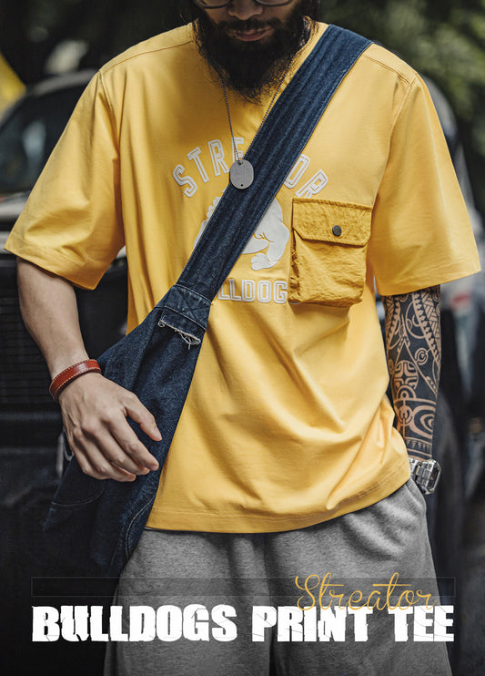 American Flocking Print Drop Shoulder Thread Neckline Drape Pocket Men's T-Shirt - Harmony Gallery