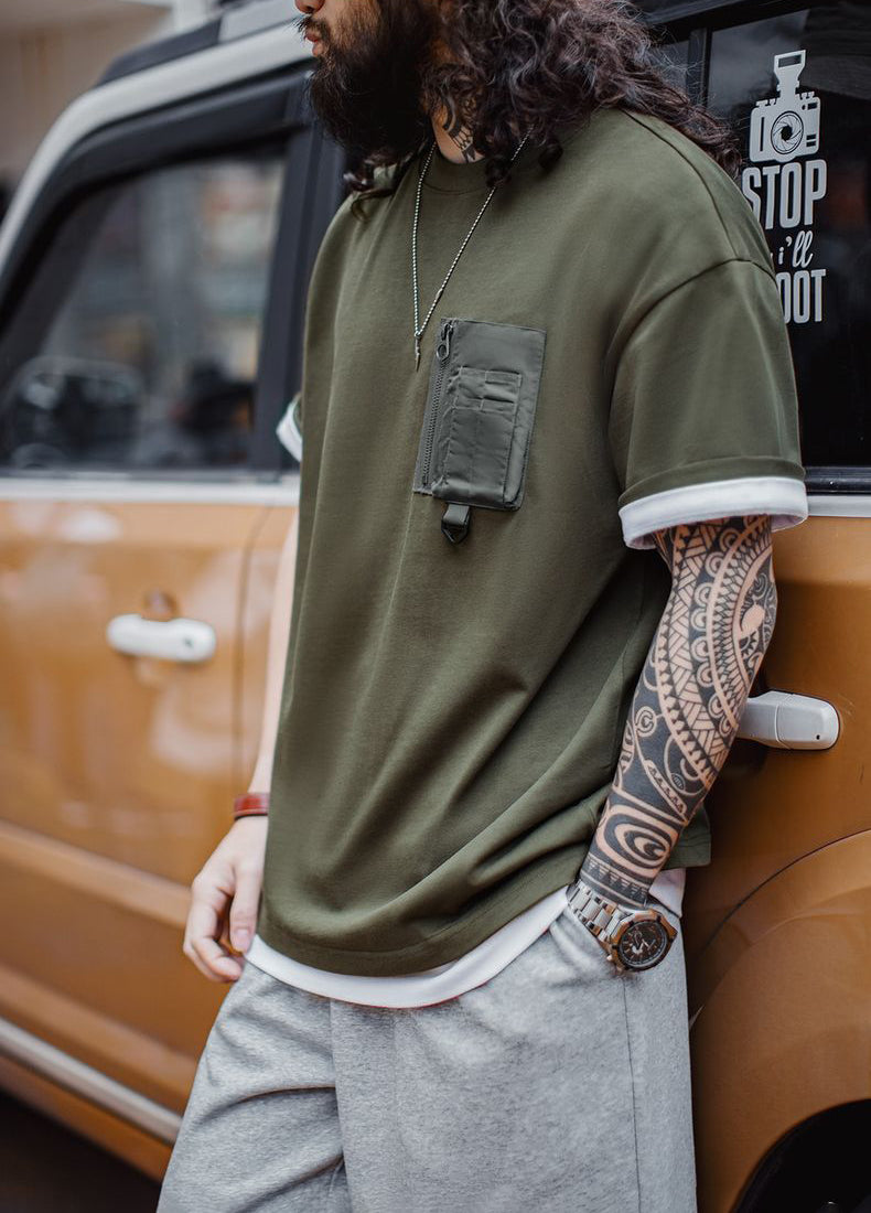 American Retro Army Green Pocket Mountain Knitted Heavy Men's T-Shirt - Harmony Gallery