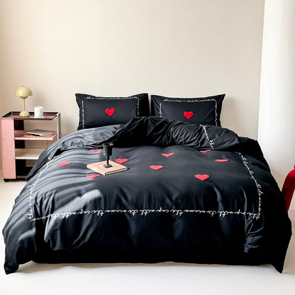 Light Luxury High-End Black Love Four-Piece Pure Cotton Bed Set - Harmony Gallery