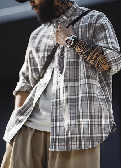 American Retro Workwear Gray Grid Yarn-Dyed Blended Men's Shirt - Harmony Gallery
