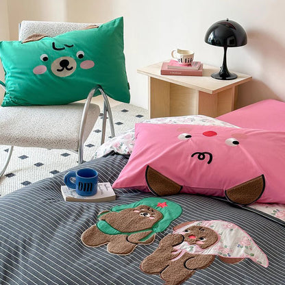 Cute Cartoon Creative Contrasting Color Washed Four-Piece Cotton Bed Set - Harmony Gallery