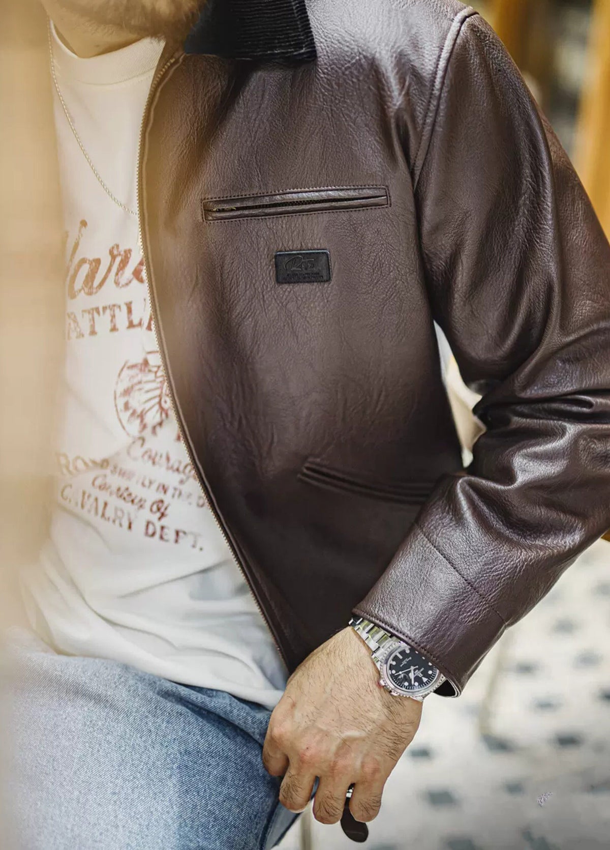 American Detroit Lychee Print Leather Cropped Commuter Executive Men's Jacket