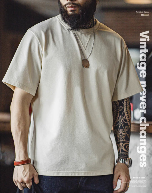 American Workwear Retro Off-Shoulder Two-Pin Bottoming Men's T-Shirt - Harmony Gallery