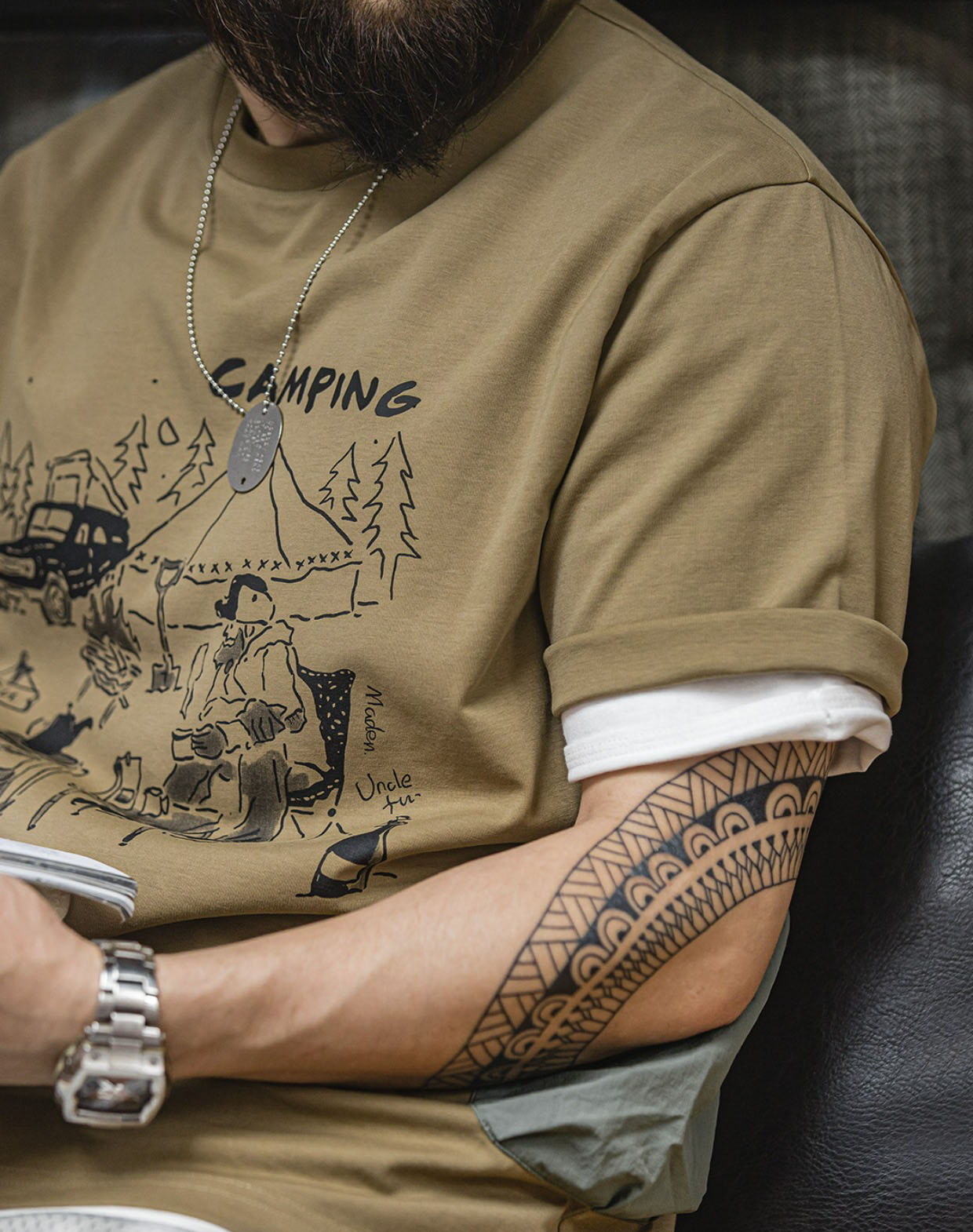 Tooling Mountain Fun Printed Khaki Camping Men's T-Shirt - Harmony Gallery