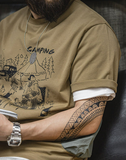 Tooling Mountain Fun Printed Khaki Camping Men's T-Shirt - Harmony Gallery
