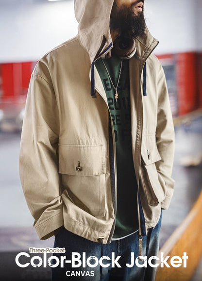 American Multi-Pocket Pure Cotton Canvas Hooded Thin Daily Men's Jacket