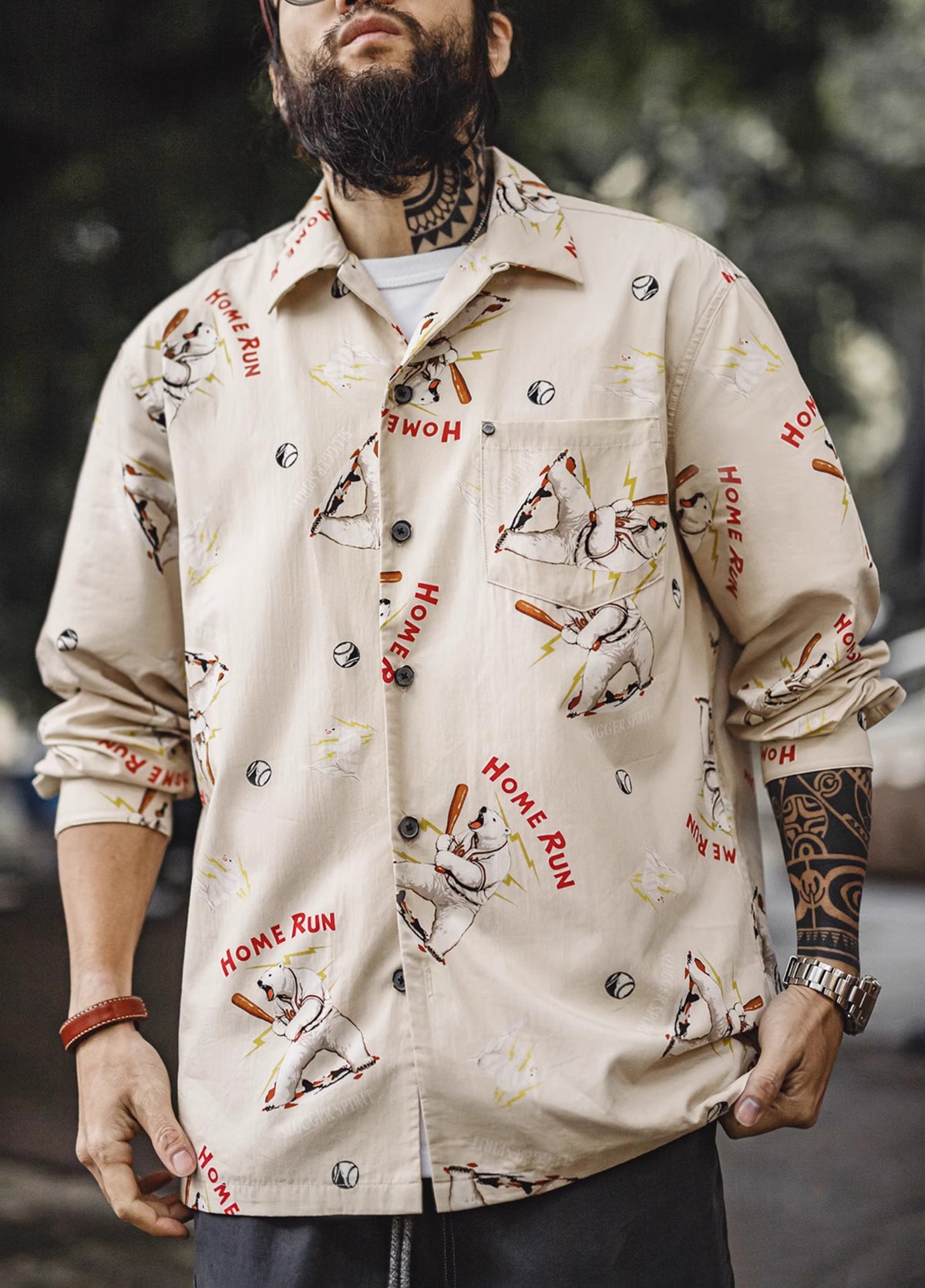 American Retro Cuban Collar Polar Bear Blended Cardigan Outerwear Men's Shirt - Harmony Gallery