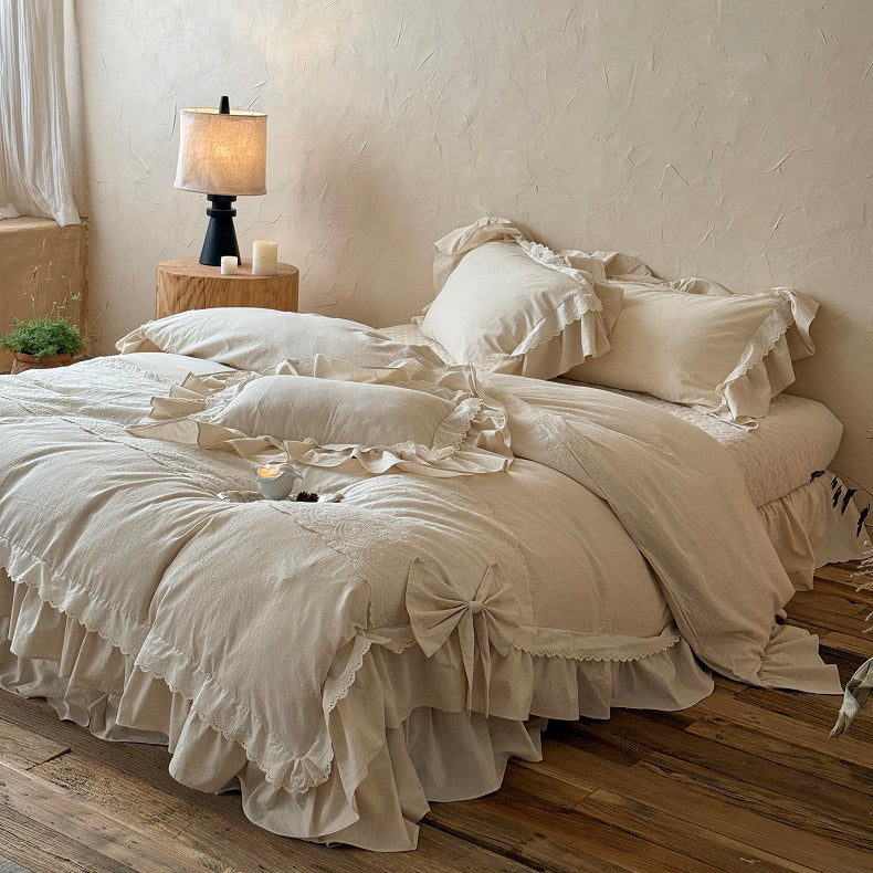 French Retro Romantic Cotton And Linen Blend Four-Piece Lace Trim Bow Bed Set - Harmony Gallery