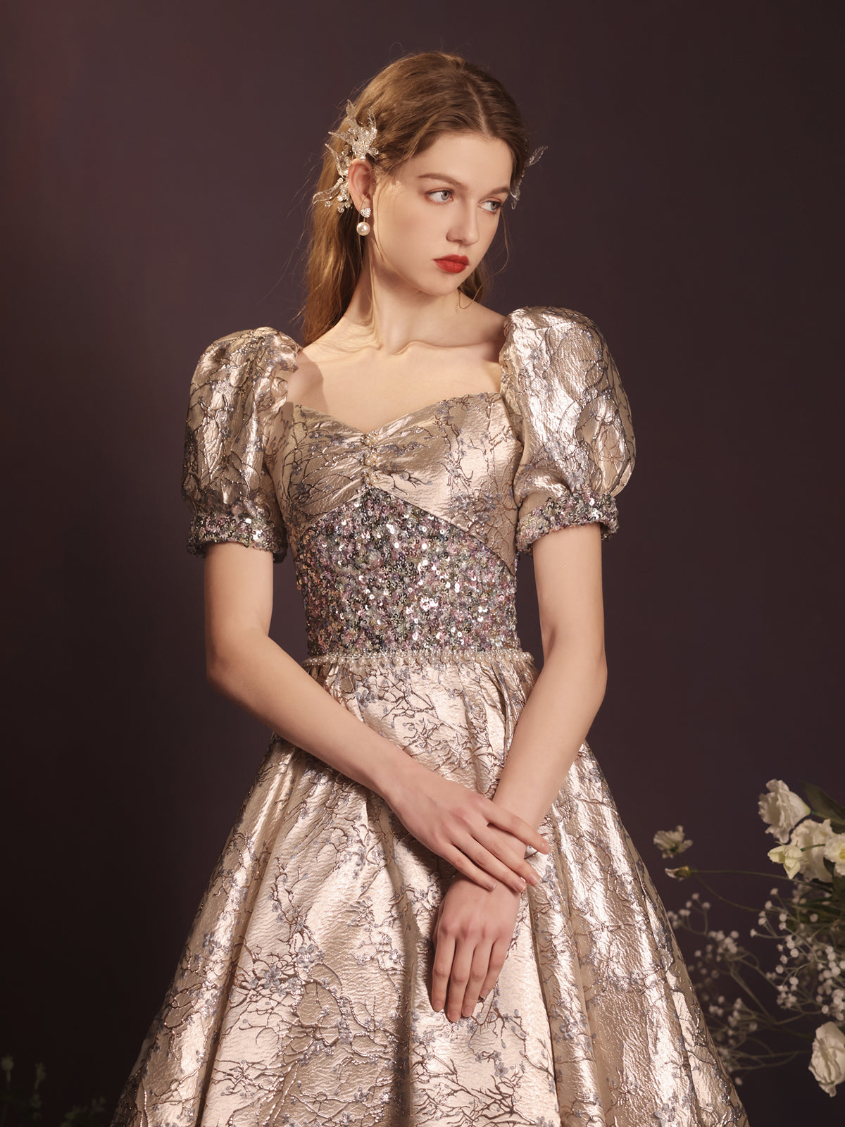 Luxurious Gold Jacquard Puff Sleeve Ball Gown with Sequin Bodice - Harmony Gallery