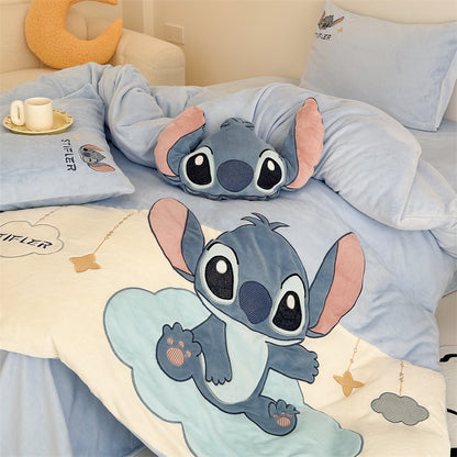 Cartoon Stitch Milk Velvet Winter Heat Storage Four-Piece Bed Set - Harmony Gallery