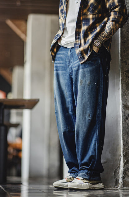 American Distressed White Cat Whisker Washed Ink-Splashed Men's Jeans - Harmony Gallery