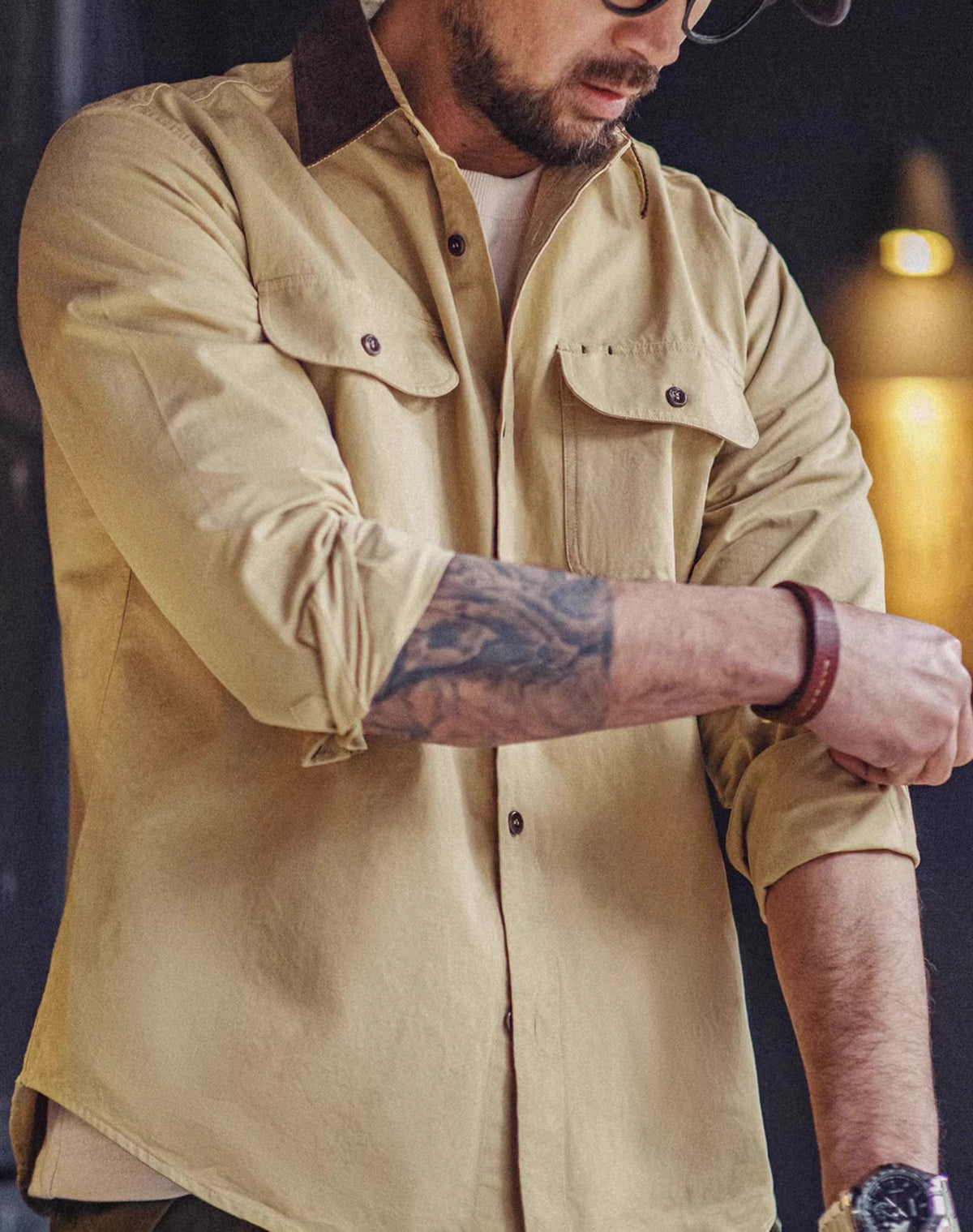 American Retro Contrast Color Splicing Cotton Pocket Men's Shirt - Harmony Gallery