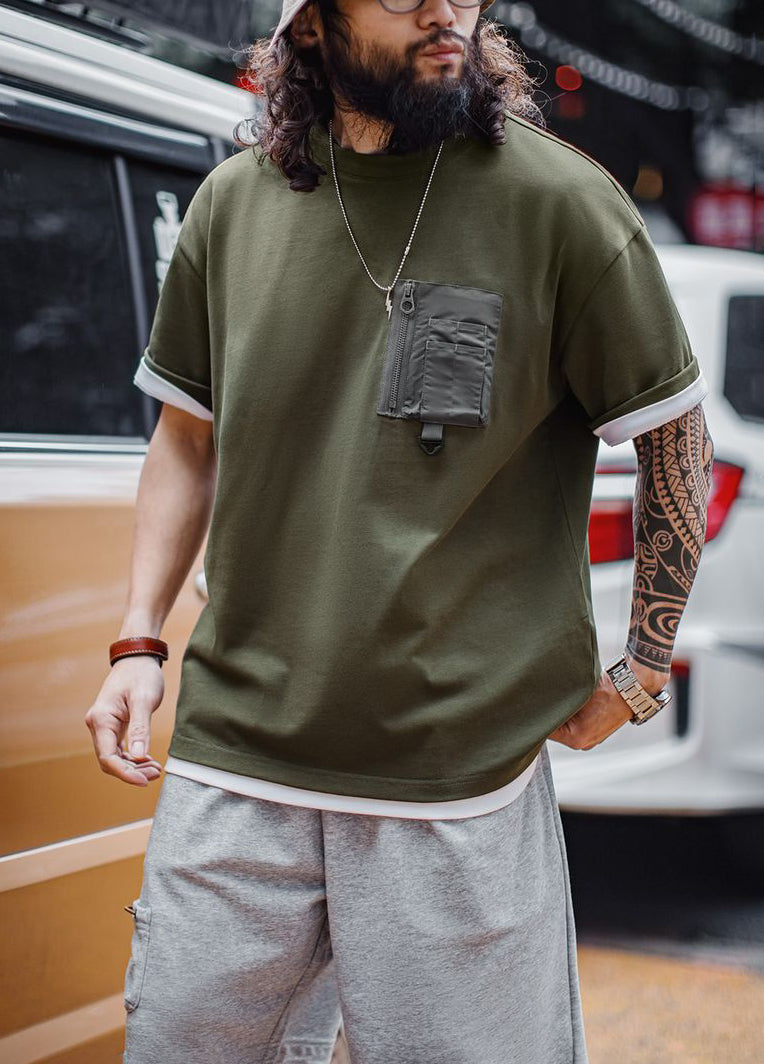 American Retro Army Green Pocket Mountain Knitted Heavy Men's T-Shirt - Harmony Gallery