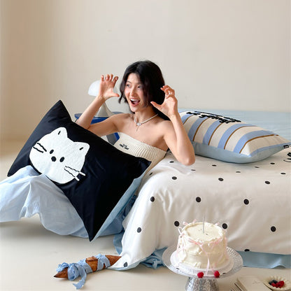 Black Polka Dot Cat Pure Cotton Skin-Friendly Four-Piece Bed Set - Harmony Gallery