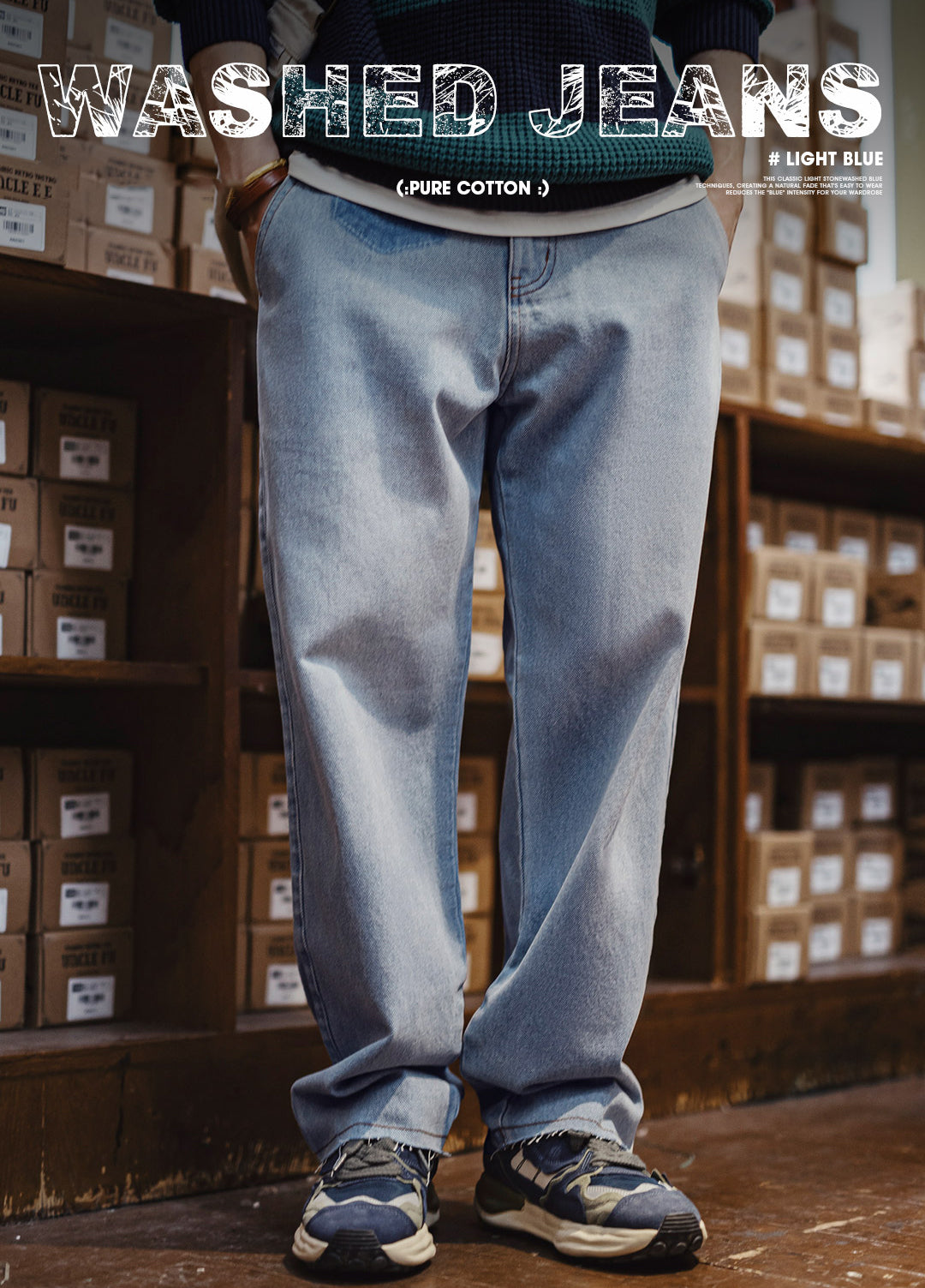 American Retro Workwear Washed Denim Pure Cotton Men's Jeans - Harmony Gallery