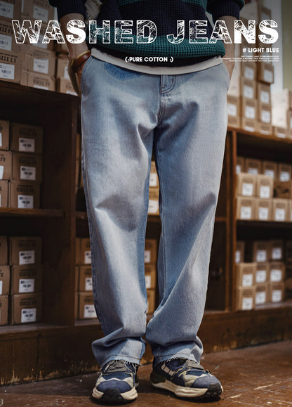 American Retro Workwear Washed Denim Pure Cotton Men's Jeans - Harmony Gallery