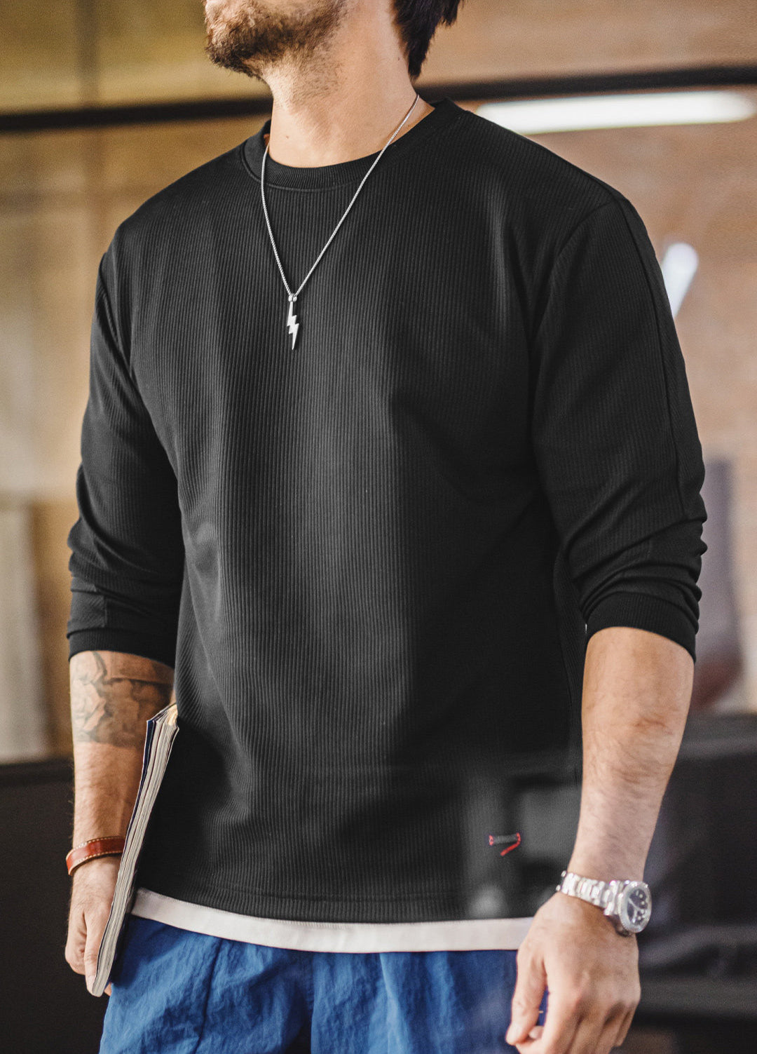 American Style 3D Groove Strip Base Layer Thin Knit Hoodless Men's Sweater
