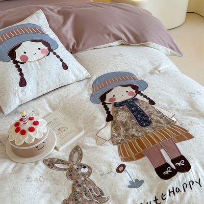 Girl Embroidered Breathable Double-Layer Super Soft Pure Four-Piece Bed Set