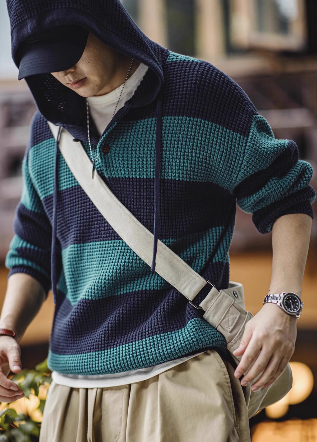 American Contrast Striped Hooded College Popularity Pullover Men's Sweater - Harmony Gallery