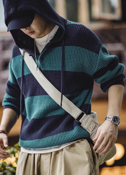 American Contrast Striped Hooded College Popularity Pullover Men's Sweater - Harmony Gallery