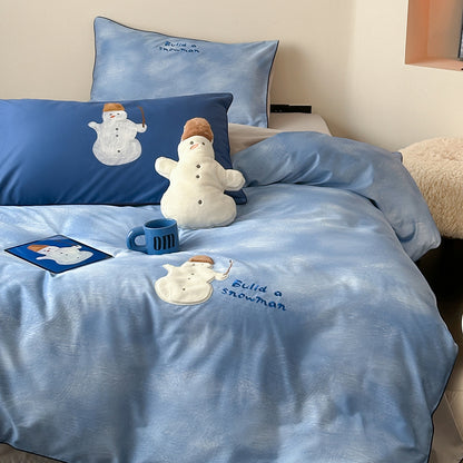 Cartoon Cute Blue Snowman Pure Cotton Skin-Friendly Four-Piece Bed Set - Harmony Gallery