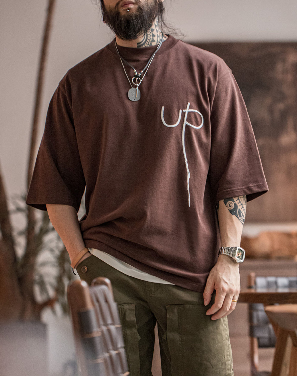 American Casual Letter Embroidery Cotton Loose Men's T-Shirt - Harmony Gallery