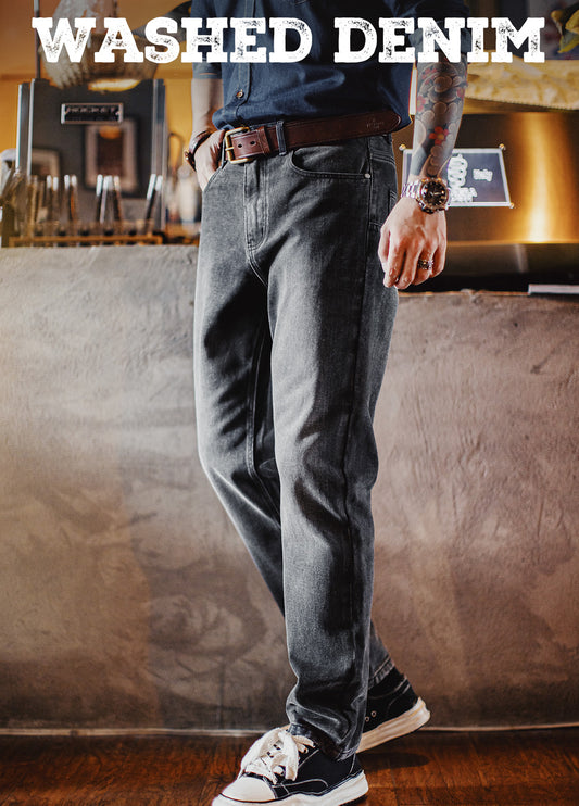 American Casual Washed Distressed Straight Slightly Tapered Carrot Men's Jeans - Harmony Gallery