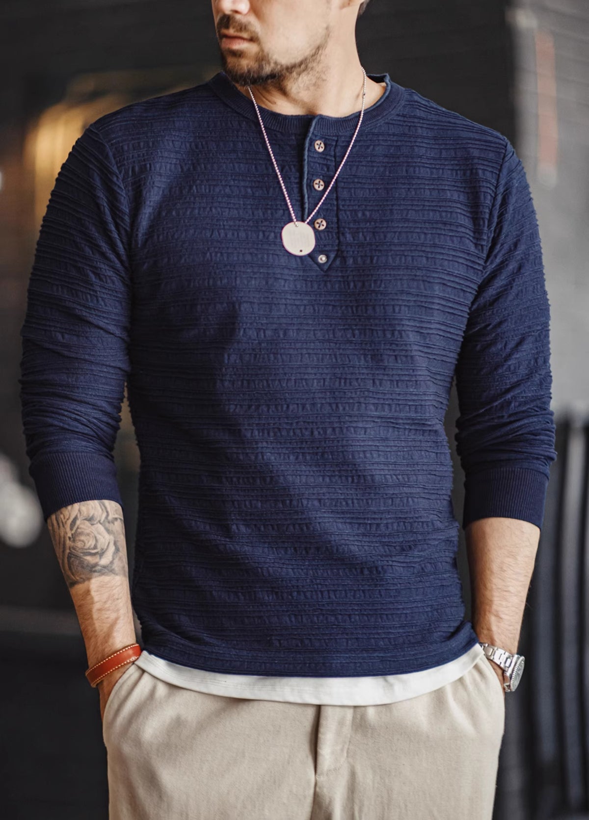 American Retro Jacquard Knitted Denim Henry Shirt Vintage Men's Sweater - Harmony Gallery