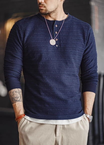 American Retro Jacquard Knitted Denim Henry Shirt Vintage Men's Sweater - Harmony Gallery