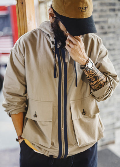 American Multi-Pocket Pure Cotton Canvas Hooded Thin Daily Men's Jacket
