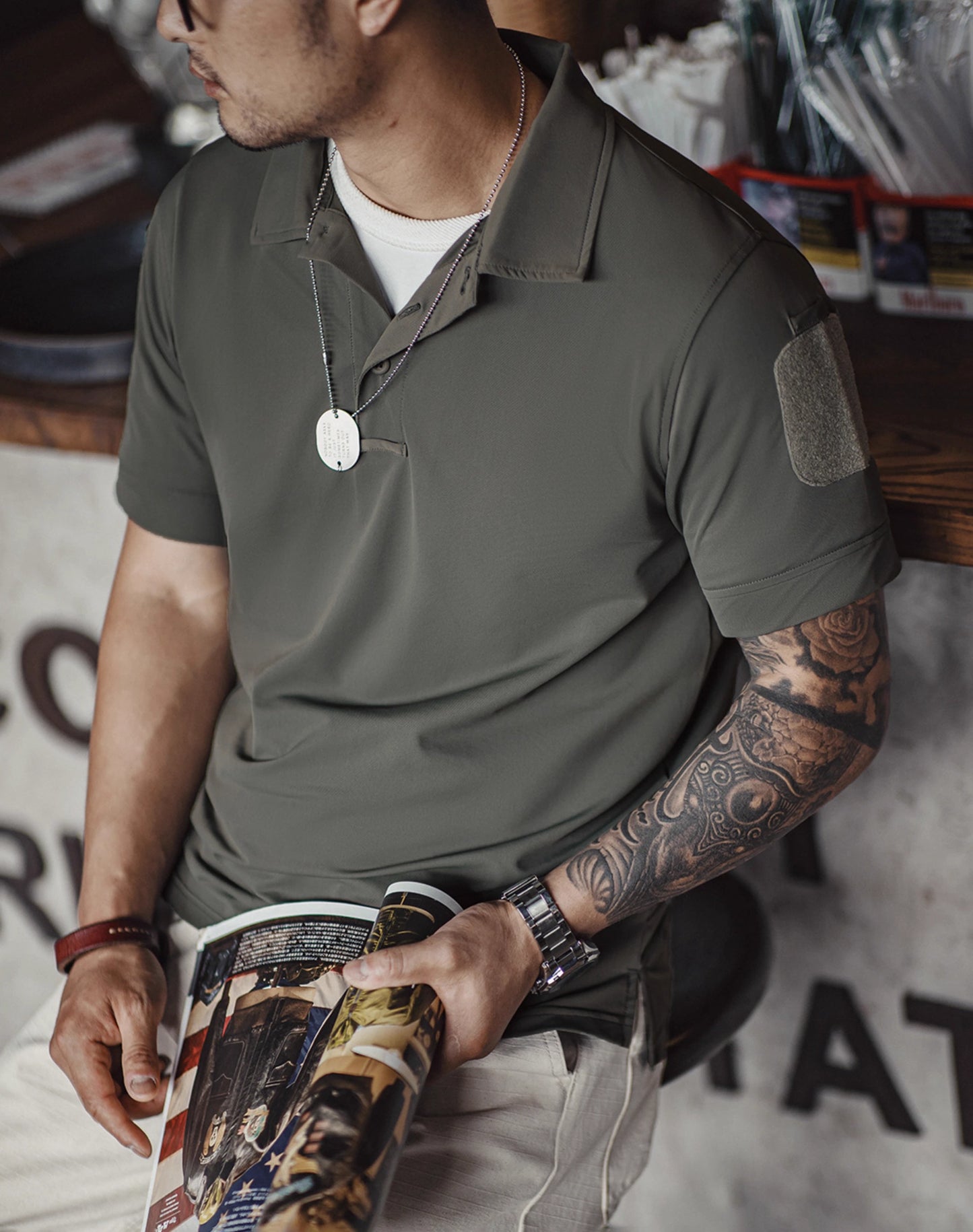 American Retro Half-Open Knitted Polo Military Velcro Men's T-Shirt - Harmony Gallery