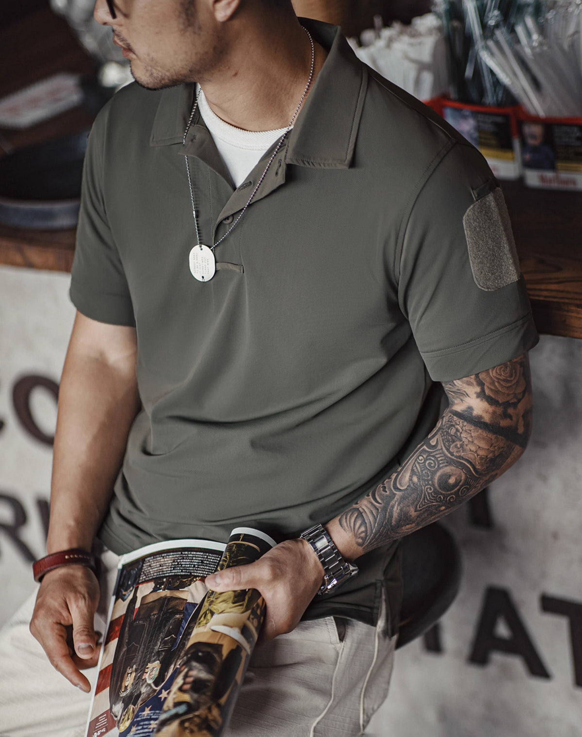 American Retro Half-Open Knitted Polo Military Velcro Men's T-Shirt - Harmony Gallery