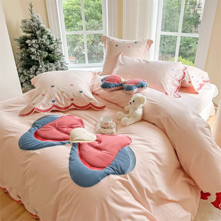 Girly Heart Cute Bow Washed Four-piece Pure Cotton Bed Set - Harmony Gallery
