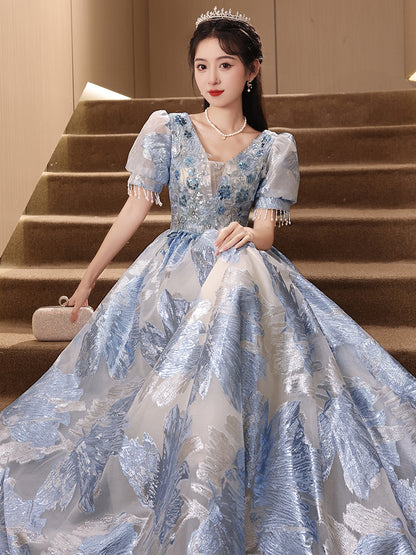 Elegant Blue Floral Embroidered Princess Ball Gown Dress with Puff Sleeves and Beaded Details - Harmony Gallery