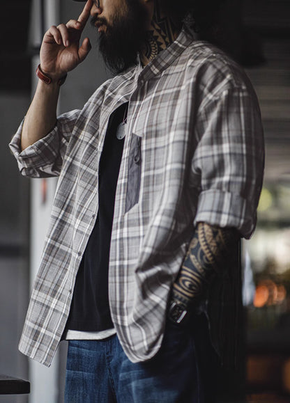 American Retro Workwear Gray Grid Yarn-Dyed Blended Men's Shirt - Harmony Gallery