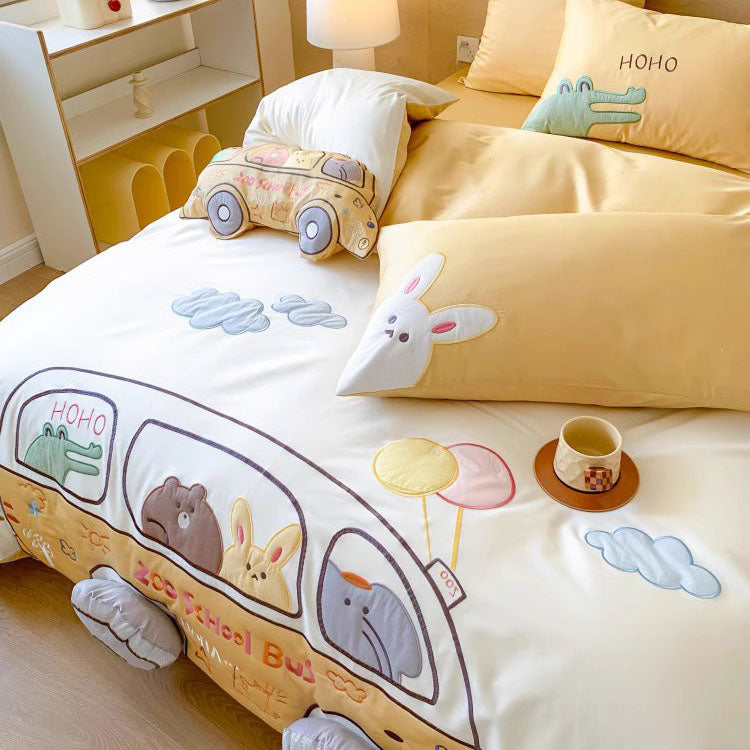 Cartoon Happy Bus Zoo School Four-Piece Pure Cotton Bed Set - Harmony Gallery