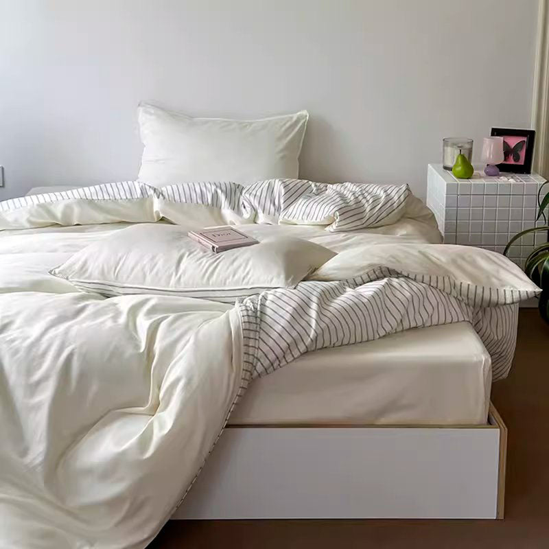 Nordic Modern Striped Washed Four-Piece Pure Cotton Bed Set - Harmony Gallery