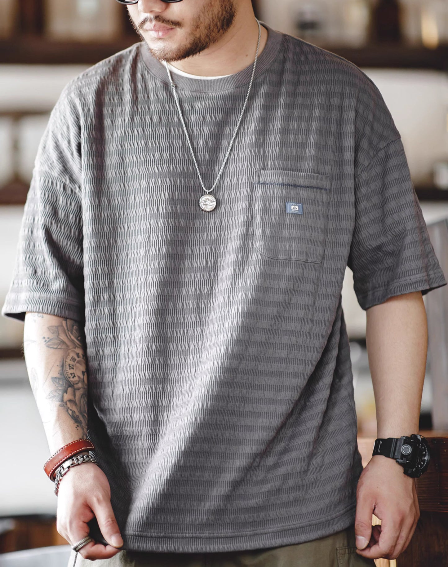 American Casual Dark Pattern Jacquard Knitted Pocket Men's T-Shirt - Harmony Gallery
