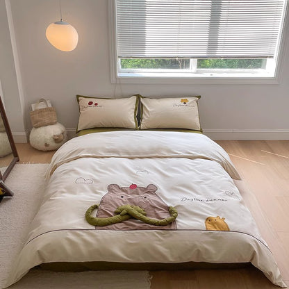 Cartoon Apple Hugging Bear Thickened Brushed Four-Piece Bed Set - Harmony Gallery