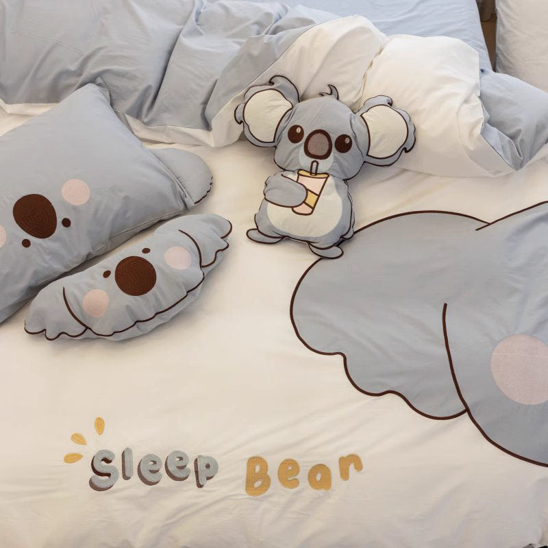 Cute Little Koala Cartoon Washed Four-Piece Pure Cotton Bed Set - Harmony Gallery