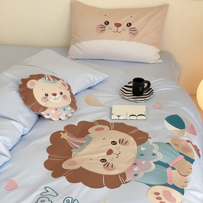Cartoon Lion Embroidery Pure Cotton Long-Staple Four-Piece Bed Set