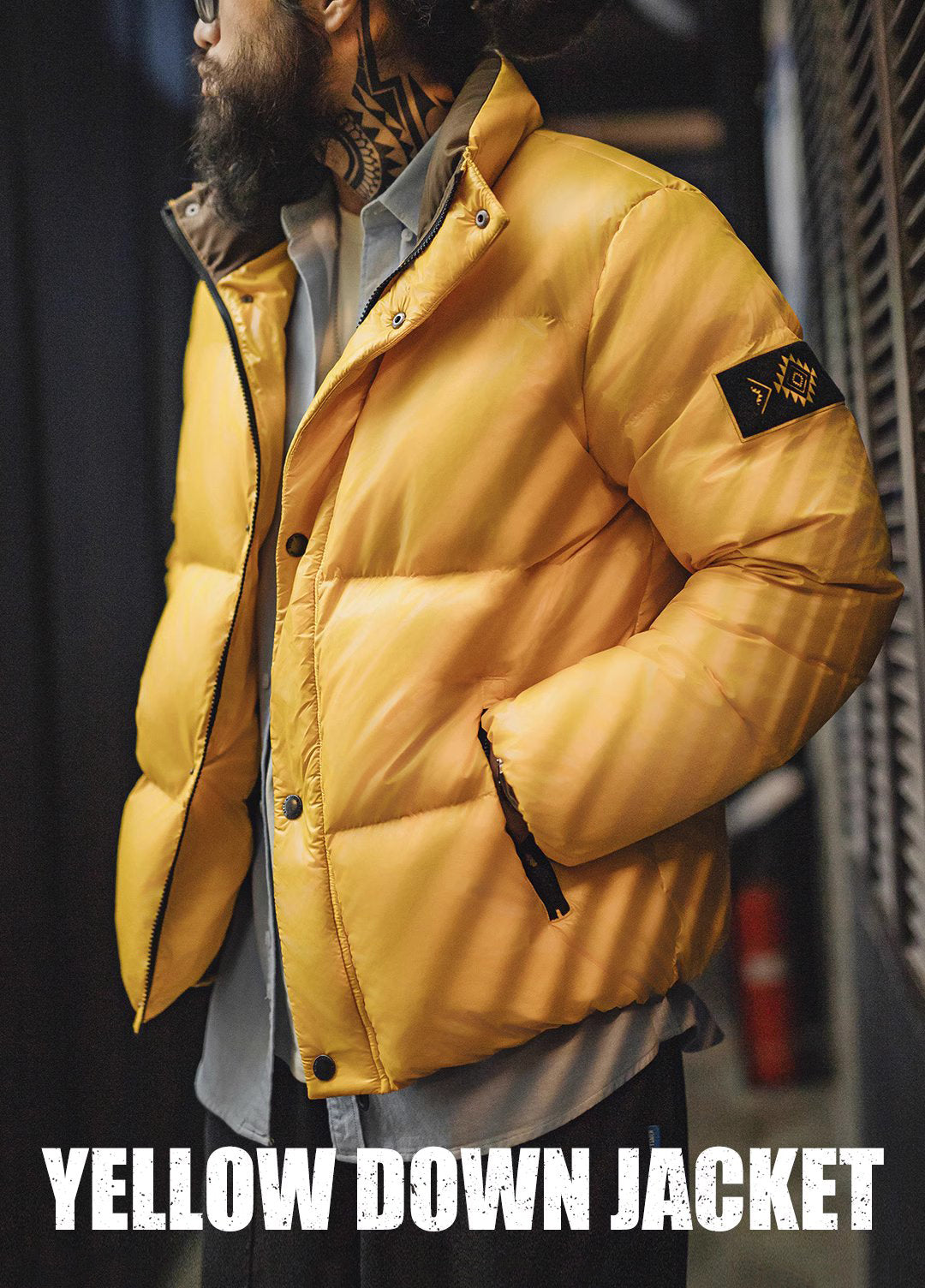 American Retro 90 White Duck Down Yellow Warm Stand Collar Men's Jacket - Harmony Gallery
