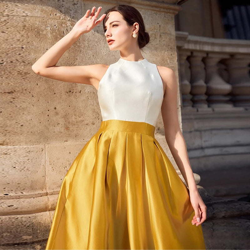 Elegant Gold and Ivory Satin Evening Gown with Halter Neckline - Harmony Gallery