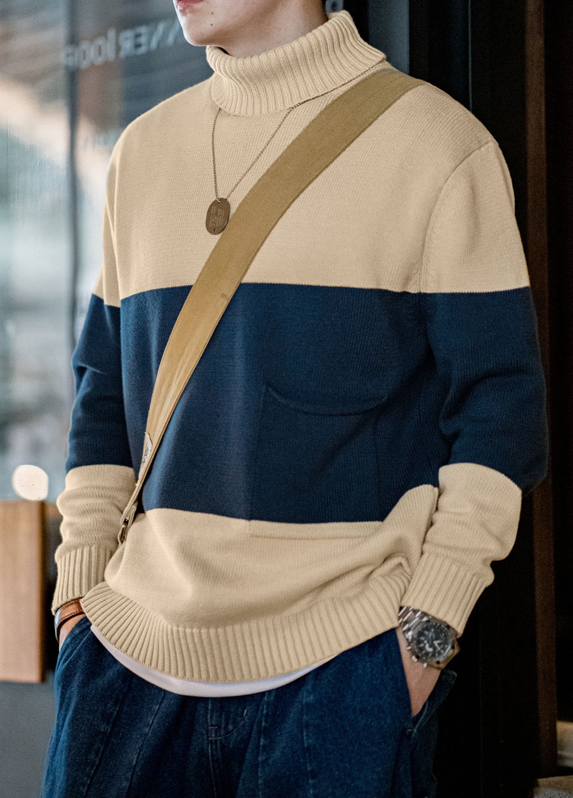 American Retro Knitted Contrast Color Striped Pullover Warm Men's Sweater - Harmony Gallery