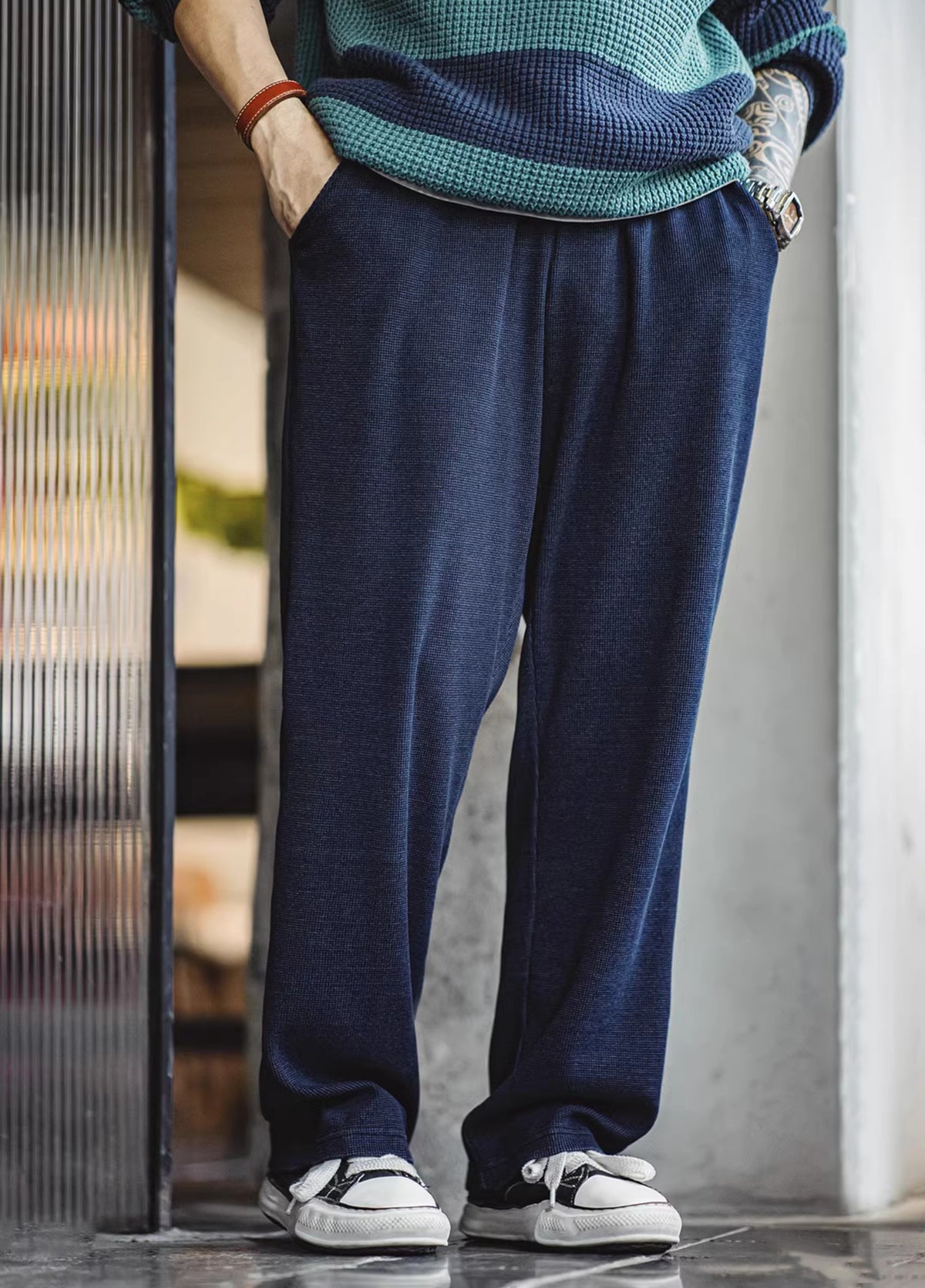 American Retro Knitted Drape Waffle Sweatpants Textured Men's Trousers - Harmony Gallery