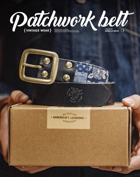 Retro Workwear Ancient Printed Tanned Cowhide Men's Belt - Harmony Gallery