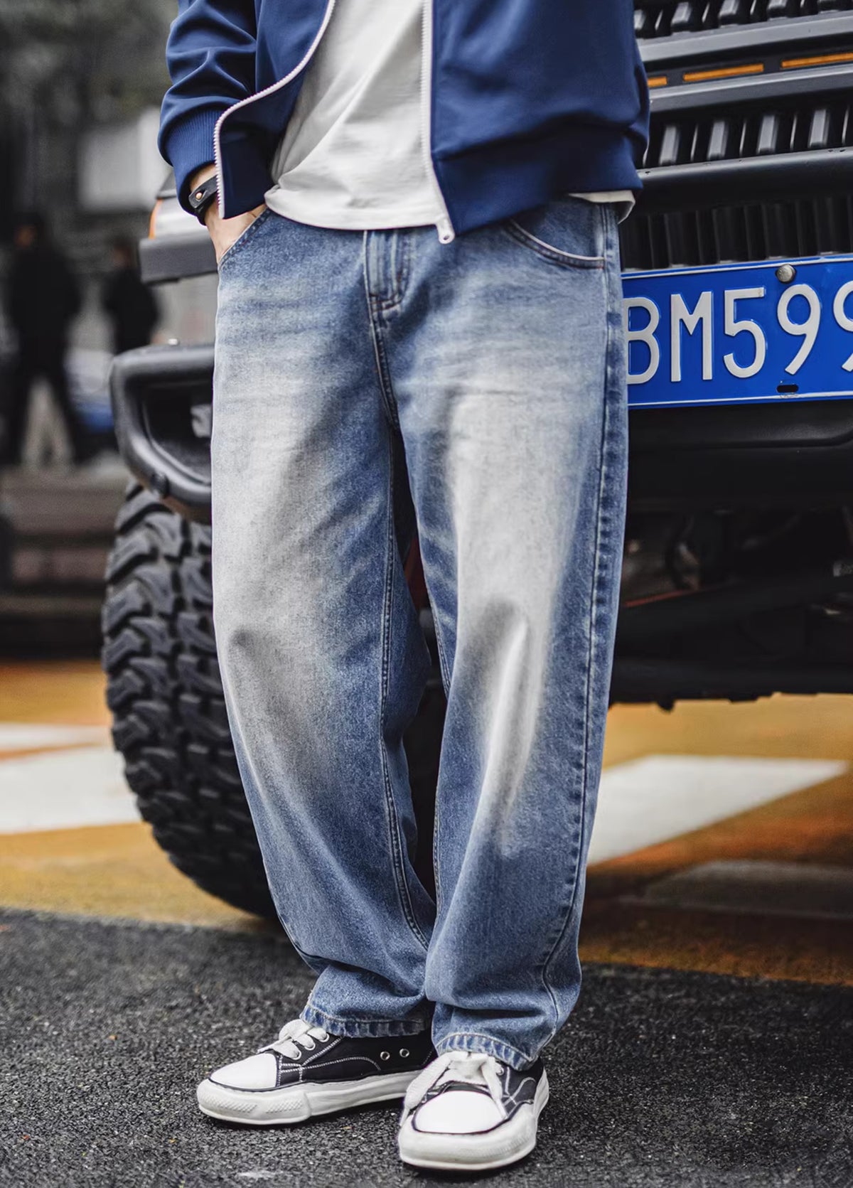 American Retro Washed Cat Whisker Grinding White Denim Cotton Men's Jeans - Harmony Gallery