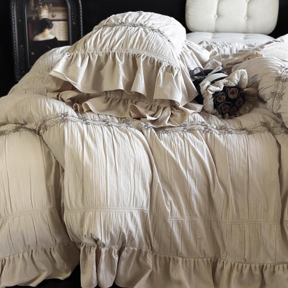French Pleated Lace Washed Pure Cotton Four-Piece Bed Set - Harmony Gallery