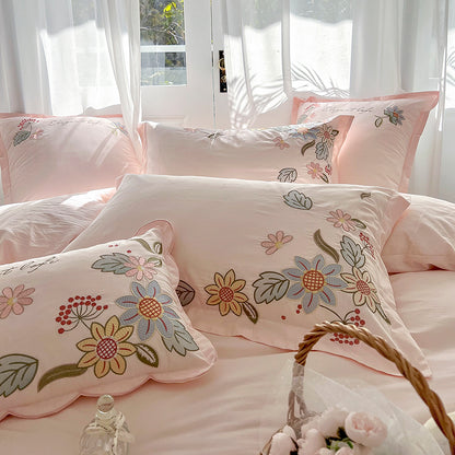 Pure Washed Cotton Floral Embroidery Pastoral Four-Piece Bed Set - Harmony Gallery